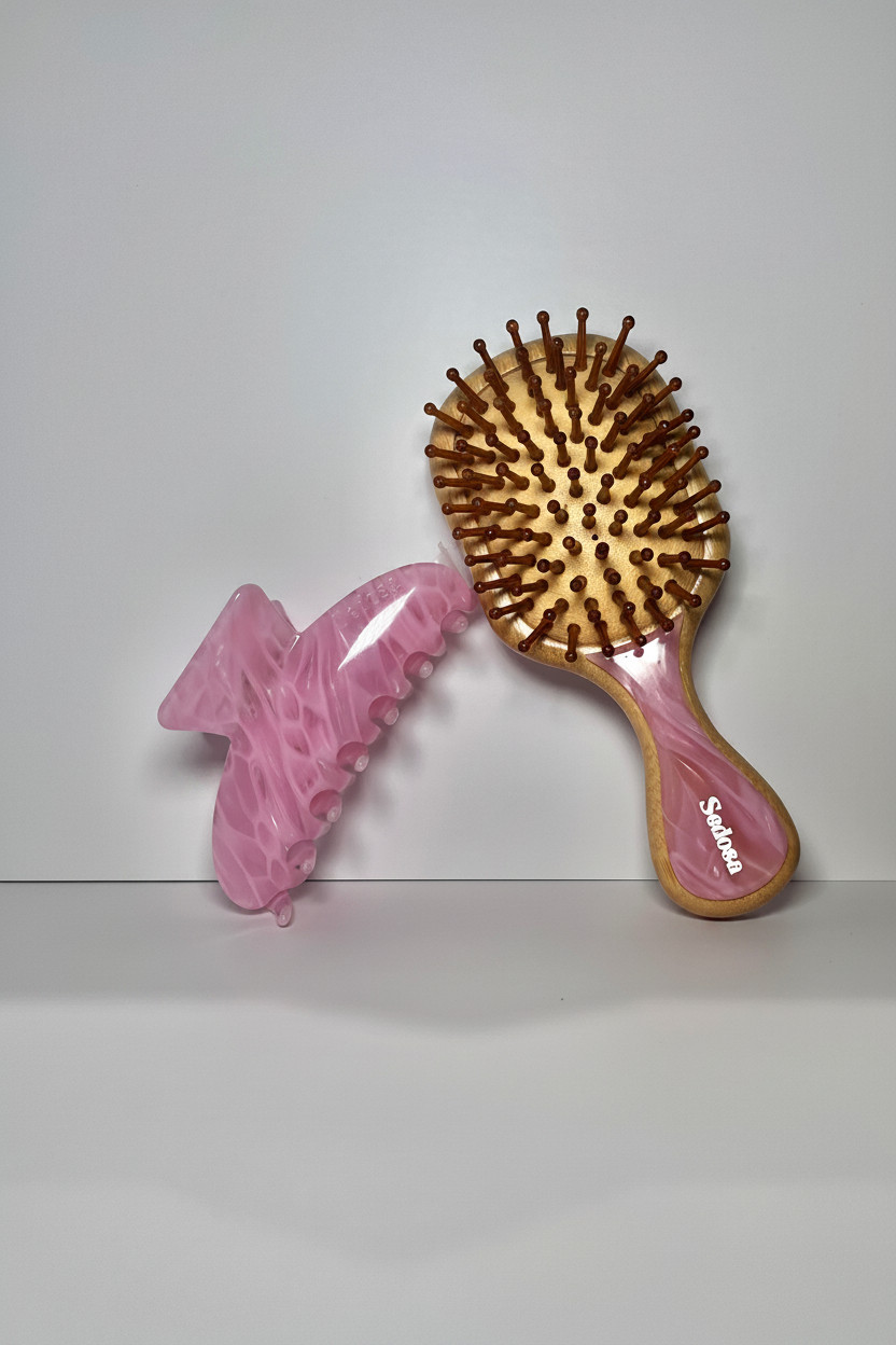 Pink Aura Bamboo Brush & Clip Set